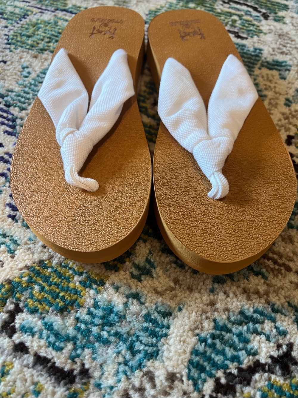 White Fabric Wedge Flip Flops - Women's Sandals